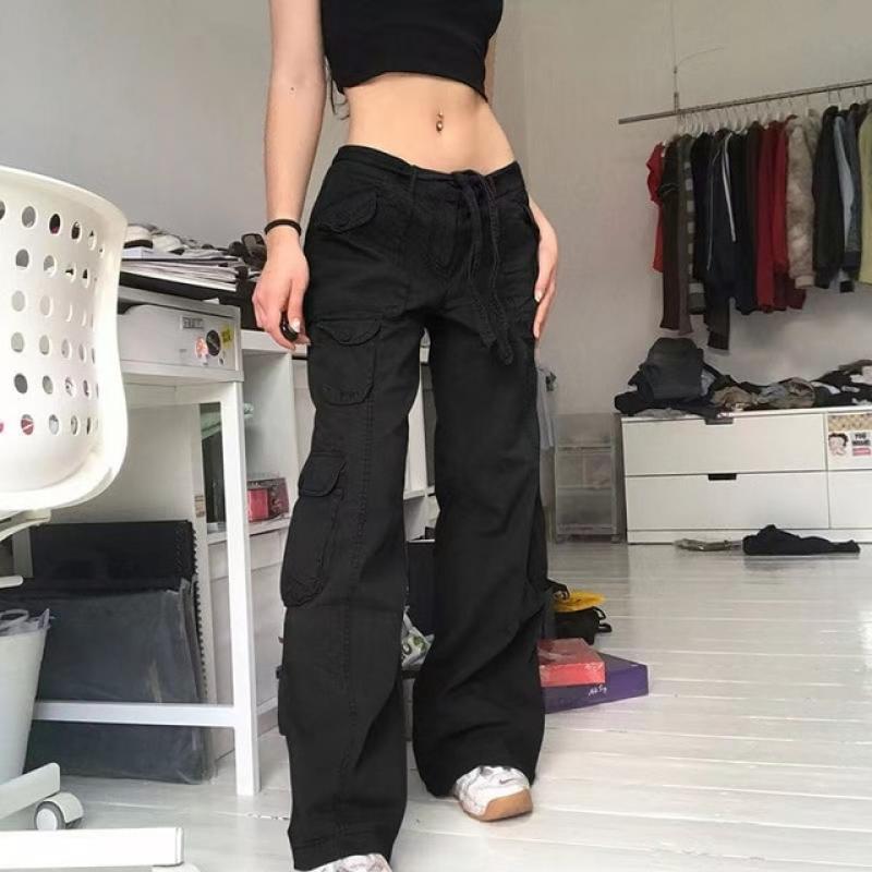 Japanese Retro Khaki Tooling Jeans Women Summer Thin Straight Trousers Loose Wide Leg Pants High Street Tide Streetwear Denim