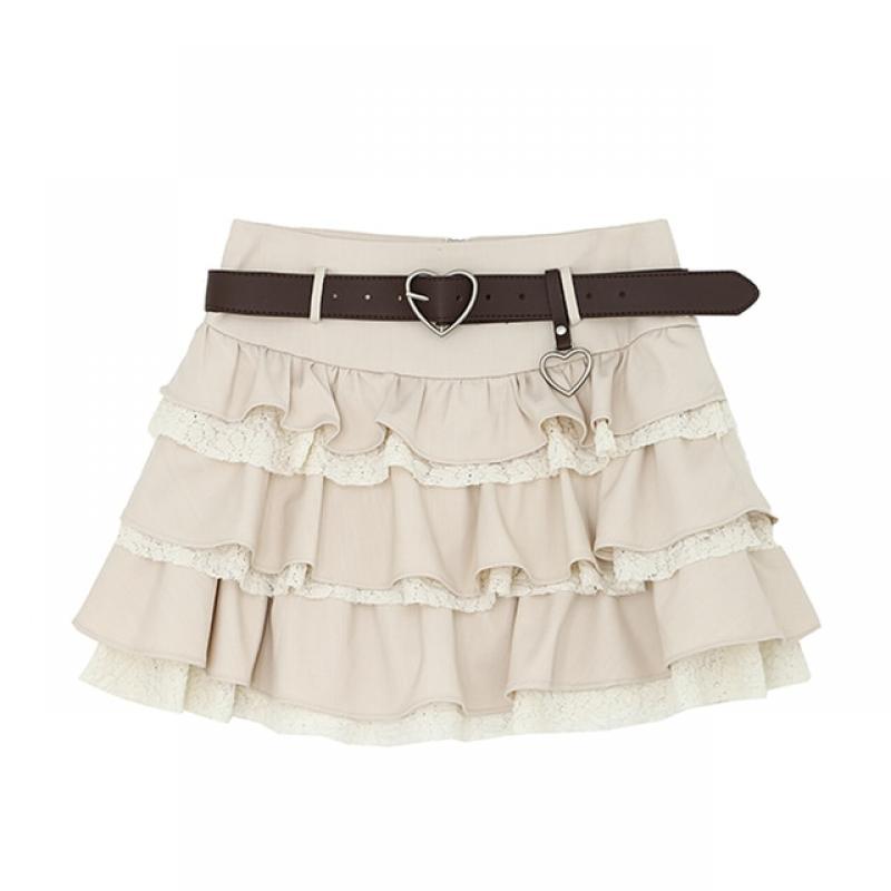 A-line High Waist with Belt Women Cake Mini Skirts 2023 New Lace Patchwork Zipper Design Female Skirt Vintage Gothic Style