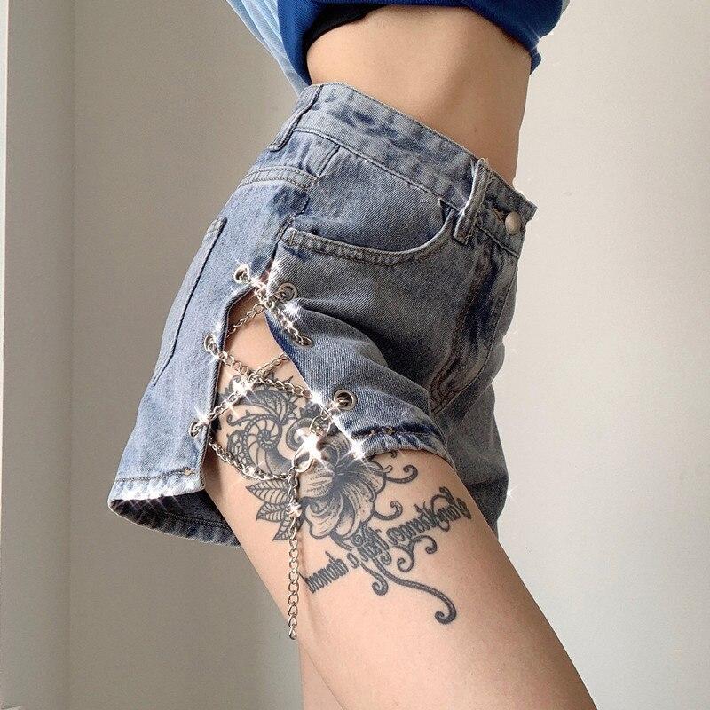 Denim Shorts Women's Summer European and American Ins Design Chain Hollow Sexy Split High Waist Internet Celebrity A- line