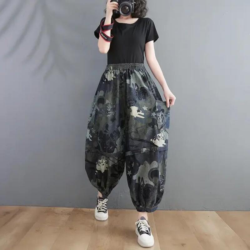 2022 Spring New Arts Style Women Elastic Waist Ankle-length Loose Jeans Side Pocket Vintage Print Cotton Denim Harem Pants V918