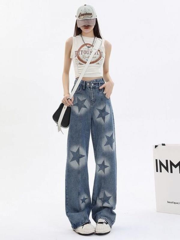 2023 Summer New Korean Star Blue Straight Leg Jeans for Women Y2K Punk Harajuku Trendy High Waist Wide Leg Trousers Street Wear