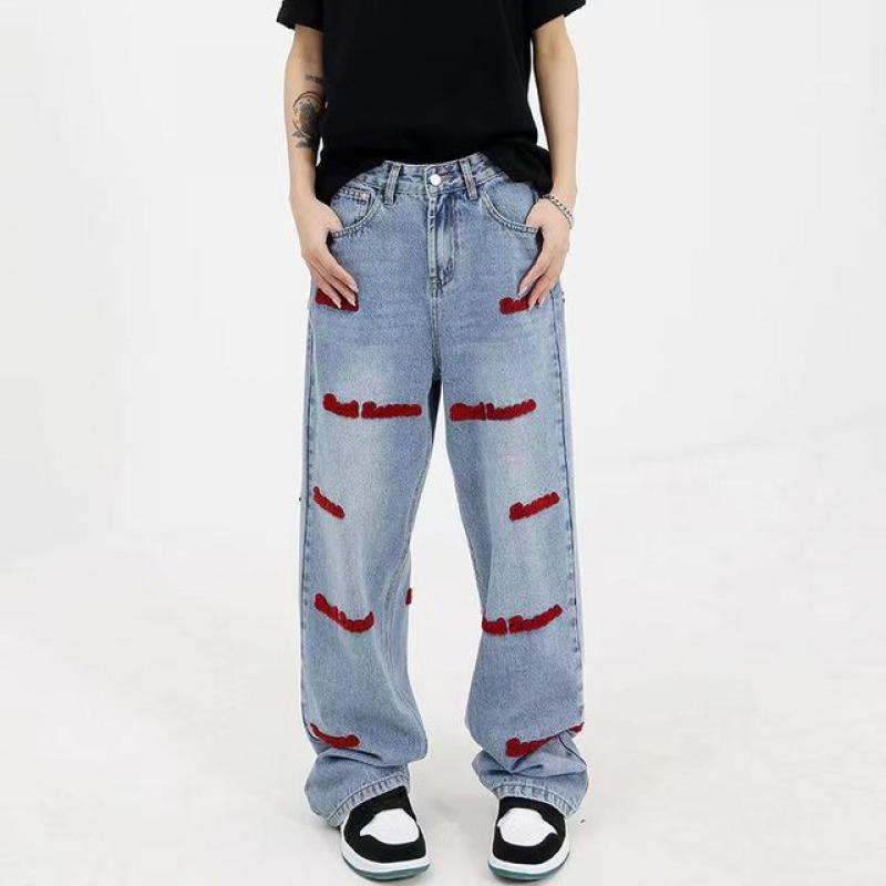 New women clothing star embroidery zipper design slit jeans high street retro ins couple hip-hop loose trousers streetwear