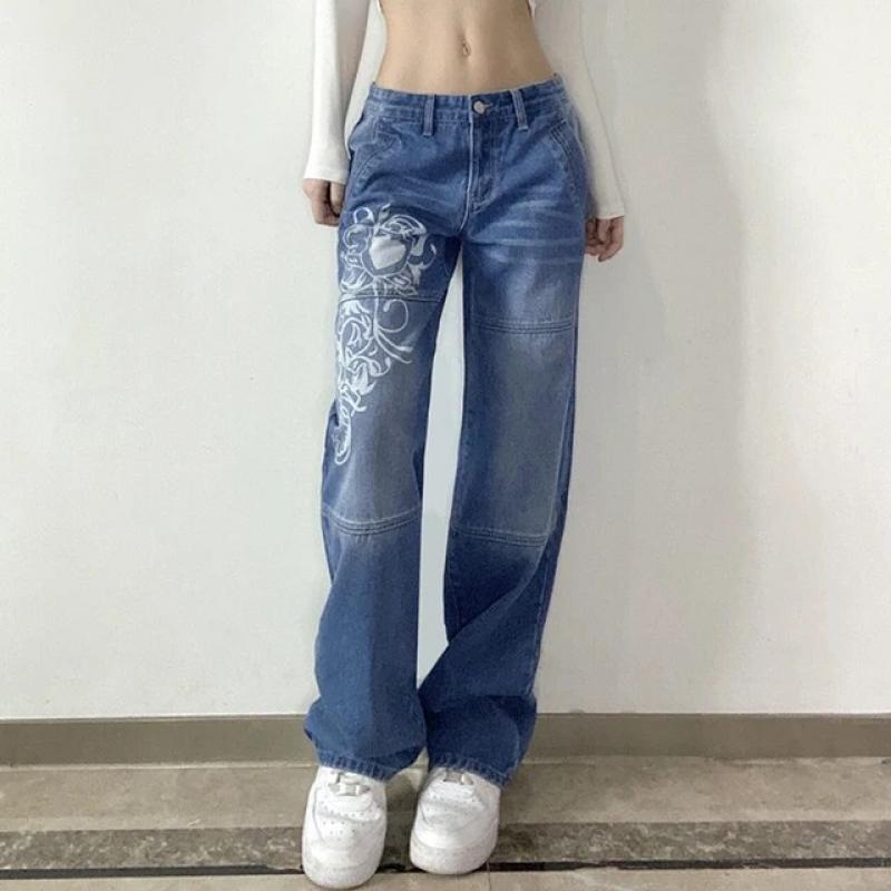Streetwear Printed Baggy y2k jeans Women's Low Waist jeans Spring Autumn Oversize Wide Leg Loose Trousers Casual Cargo pants