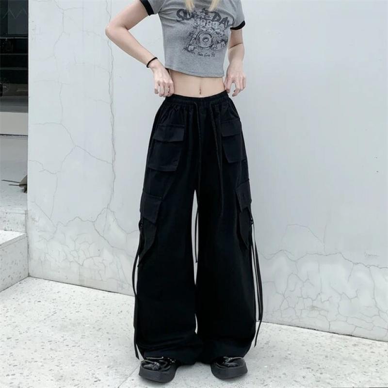 Deeptown Vintage Oversized Khaki Cargo Pants Women Japanese Streetwear Baggy Wide Leg Trousers Harajuku Fashion Female Jogging