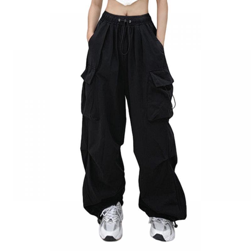 Women Baggy Straight Trousers American Style Y2k Casual Cargo Trousers Elastic Waist with Pockets Solid Color Fashion Dailywear