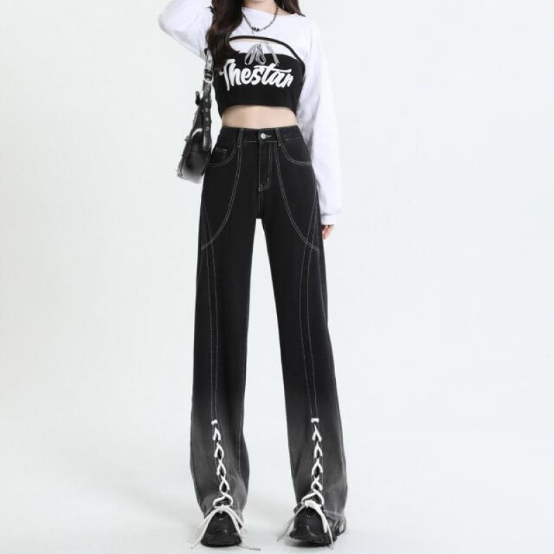 High Waist Design Lace Up Black Jeans Women Spring Summer Street Style Casual Fashion Straight Neutral Denim Trousers Female