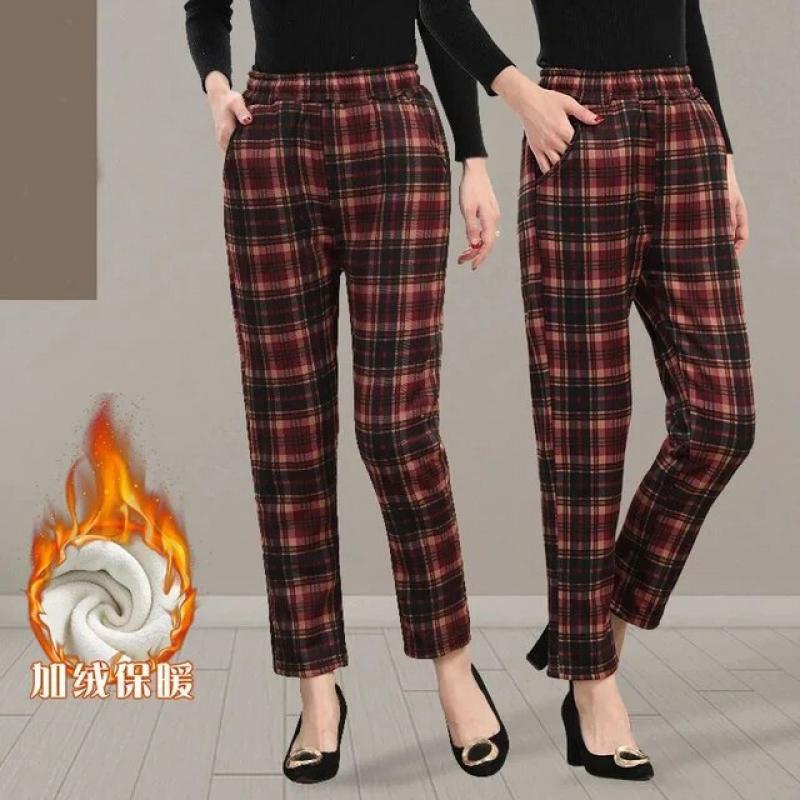 Fleece Lined Winter Warm Plaid Harem Ankle-length Pants Oversized Casual High Waist Jogger Pantalon Thick Korean Women Sweatpant