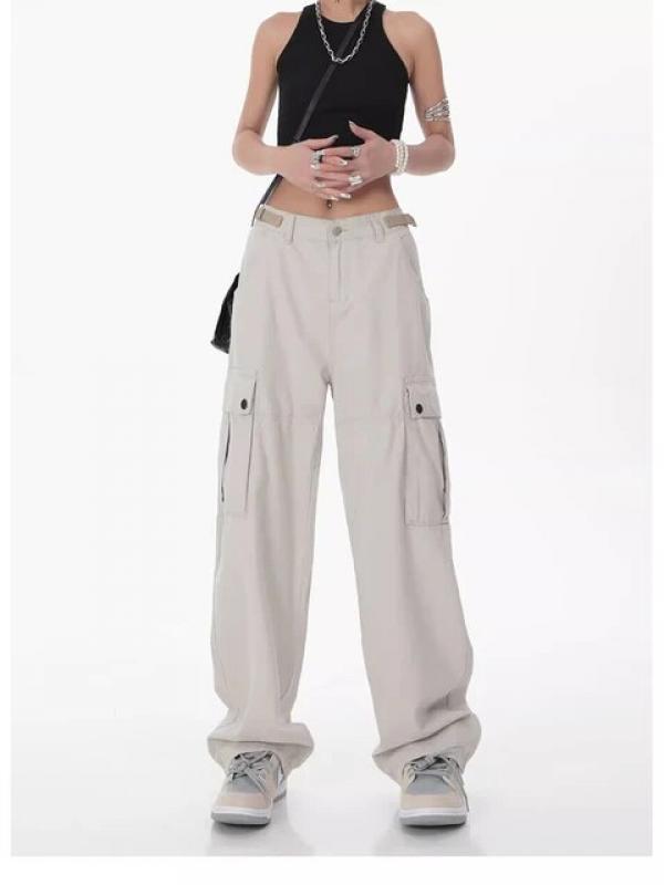 American Retro High Waist Hip-hop Straight Pants Women's Casual Baggy Y2K Wide Leg Grunge Streetwear Denim Trouser Cargo Pants