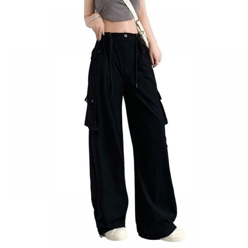 Hip Hop Women Cargo Pants Streetwear All Match Fashion Wide Leg Pants Elastic Waist Sweatpants Female Chic Trousers