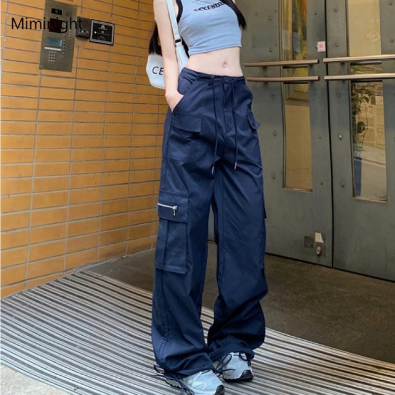 Korean Style Cargo Pants Women Y2K Vintage Drawstring Navy Blue Trousers Harajuku Oversized Streetwear Retro Wide Leg Sweatpants