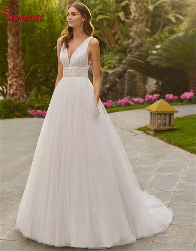 Classic V-neck Lace Backless Tulle Wedding Dresses Sleeveless Floor-Length 2023 Bridal Ball Gown Vestido De Noiva Custom ZL68