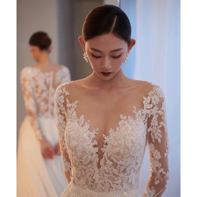 Sexy Lace Backless Wedding Dresse 2023 A-line Deep V-neck Bridal Gown Button vestidos de novia robe de mariéee de mariée
