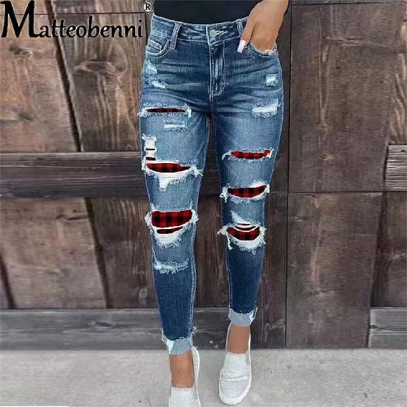 Fashion Women Inside Splicing Checkered Fabric Jeans 2022 Vintage Broken Holes Pencil Trousers Casual Commuter Hip-lifting Pants