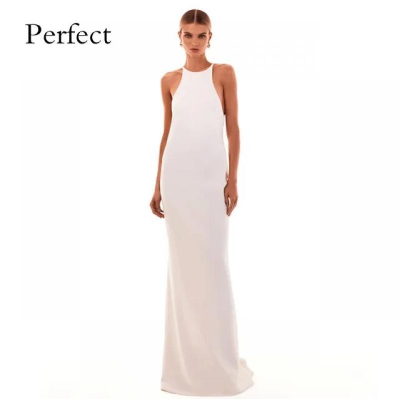 PERFECT Satin Elegant Mermaid Wedding Dress Halter Sleeveless Lace Up Back Simple Court Train Robe De Mariee