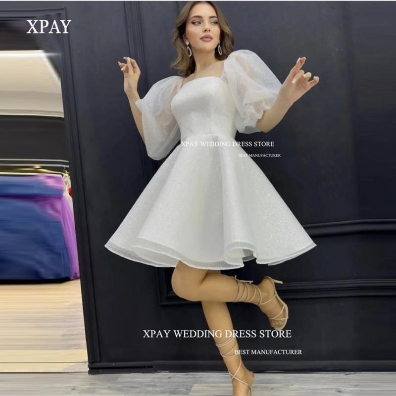 XPAY Glitter A Line Short Wedding Party Dresses Puff Sleeves Square Neck Sparkly Mini Bride Gowns Prom Dress Vestido blanco