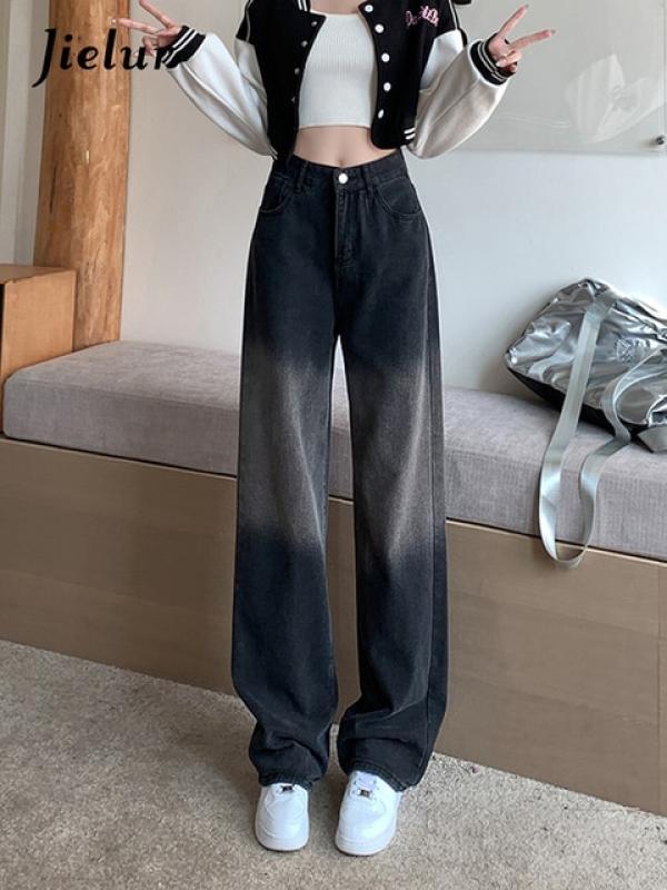 Jielur Black Gradient Straight Wide Leg Jeans Women Autumn Winter Fashion New Street Cool High Waist Jeans Female Loose S-XL