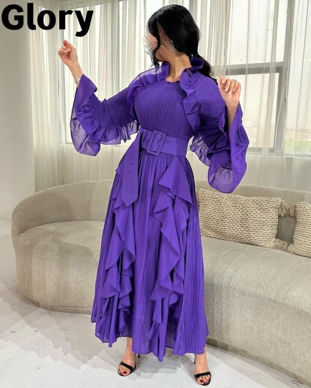 Arabia Purple Prom Dresses 2023 Chiffon Flare Sleeves Ankle-Length A-Line Belt Elegant Evening Dress Formal Occasion Party Gown