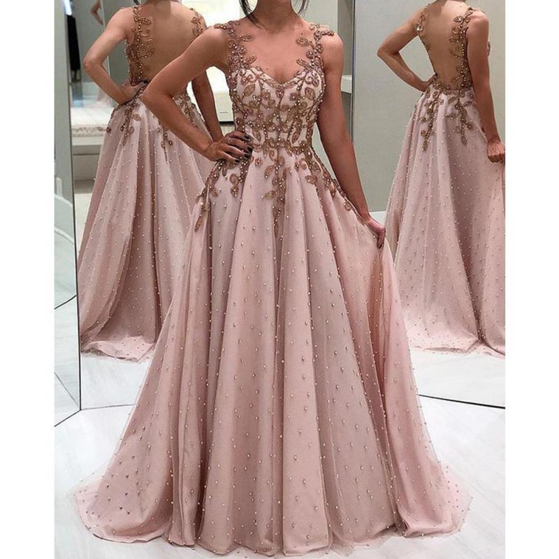 pearls prom dresses 2020 pink sweetheart neckline lace appliques a line tulle long evening dresses vestido gala