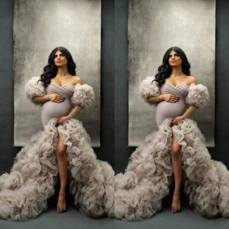 High Slit Prom Dresses Ruffles Maternity Robes for Photo Shoot Female Pregnant Mermaid Evening Gowns Customise