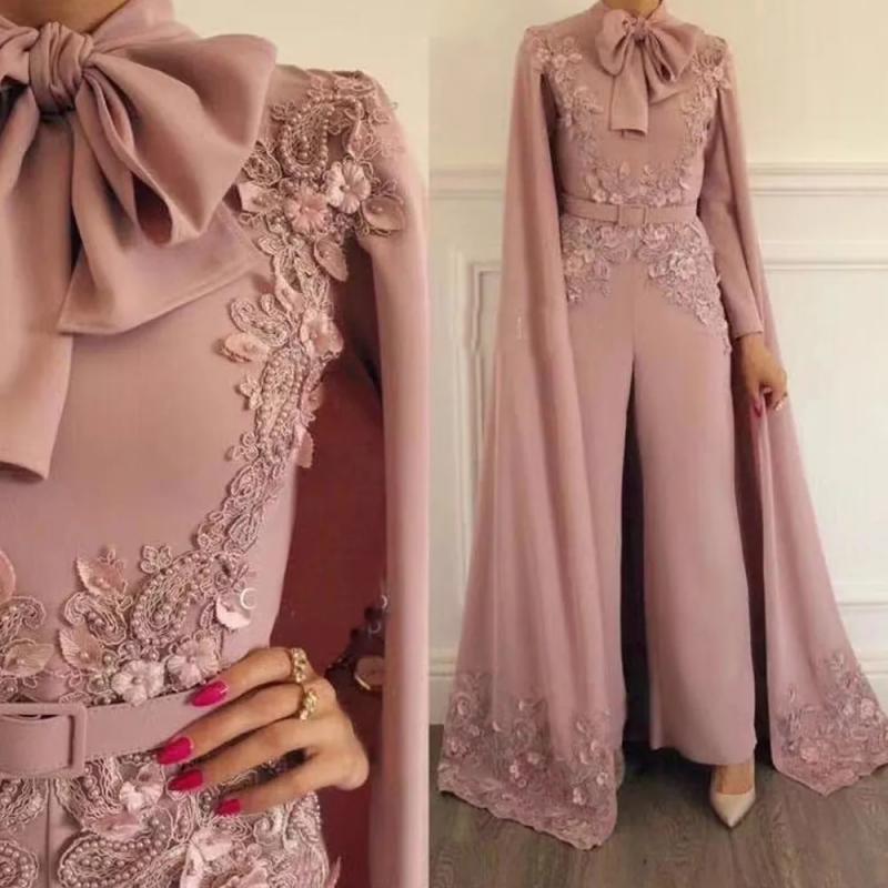 Jumpsuit Prom Dresses High Collar Bowknot Lace Appliques with Cape Chiffon Pearls Evening Dresses Pants