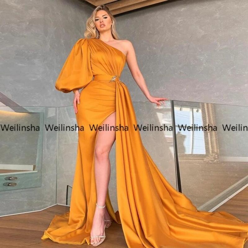 Orange One Shoulder Evening Dresses for Party Court Train 2023 Pleat Belt Court Train Prom Gowns Full Sleeve Vestidos De Fiesta