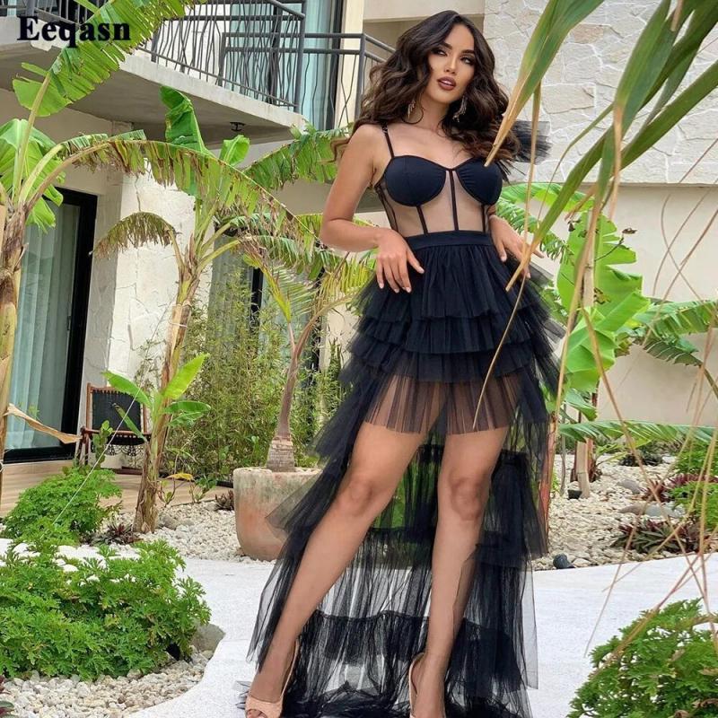 Eeqasn Black Tulle See Through Top Women's Prom Gowns Tiered Skirt Above Knee Mini Cocktail Dresses Formal Occasion Party Dress
