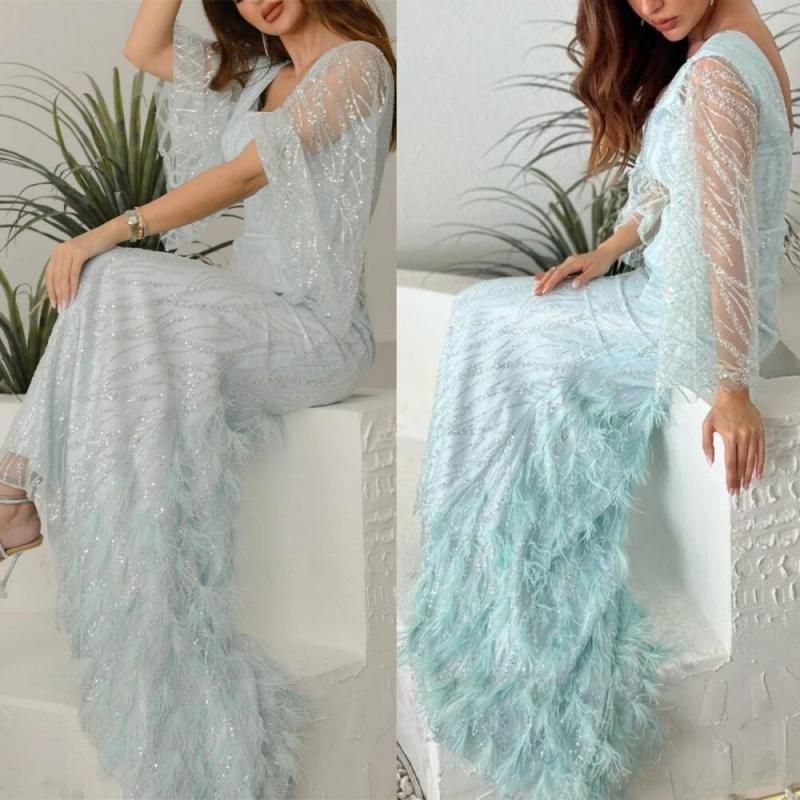 Honeyed PromDresses ElegantSquare Mermaid Party Dress Floor Length Long Sleeve Feathers Sequin Satin Formal Evening Gowns 칵테일드레스