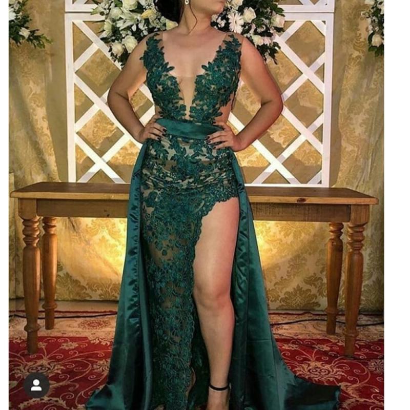 green prom dresses 2020 deep v neck lace appliques side slit detachable train lace evening dresses gowns