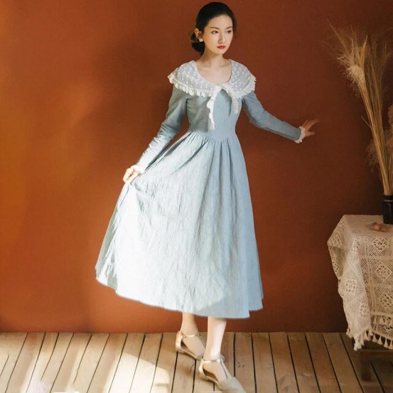 Vinage European Retro Victorian Gowns Cosplay Robe Ankle Length Custom Made Long Sleeves V Neck  Manor Linen Photography Dress