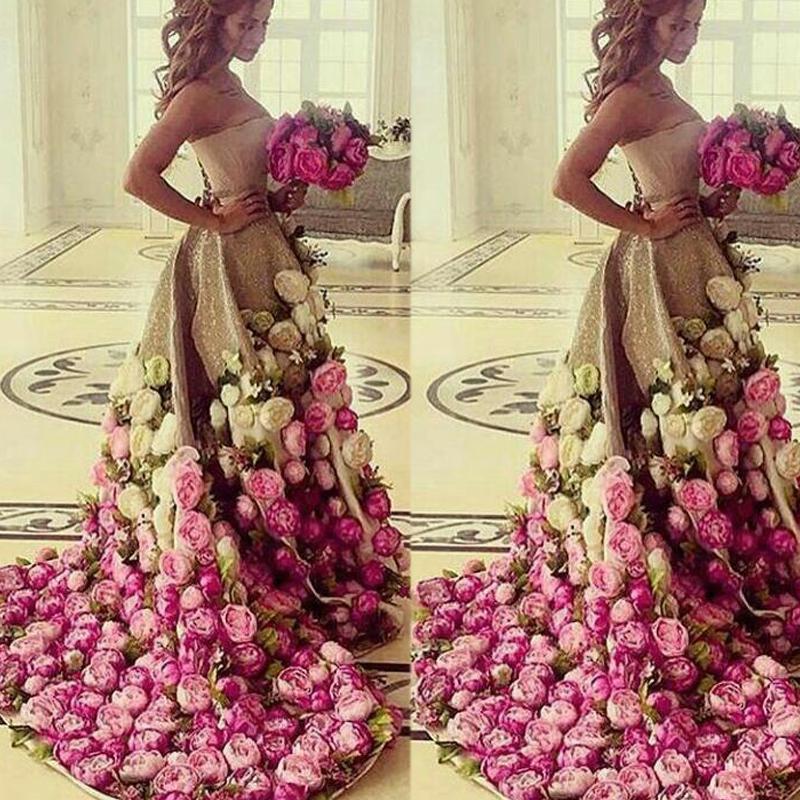 Saudi Arabia Evening Gowns Dresses Floor Length Strapless Neckline Sequins Hand Made Flowers 3D A Line Gold Prom Dresses Arabic