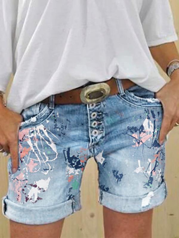 Women's jeans, high-waisted denim shorts, loose wash printing, multi-button curled hot pants, women's street pants