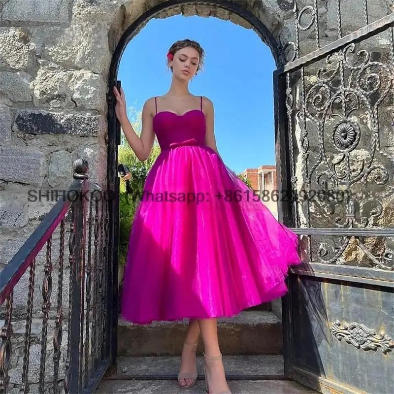 Short Prom Dresses Ruffle Spaghetti Straps Tea Length Tulle Homecoming Party Gowns Wedding Guest Party Wear RU191