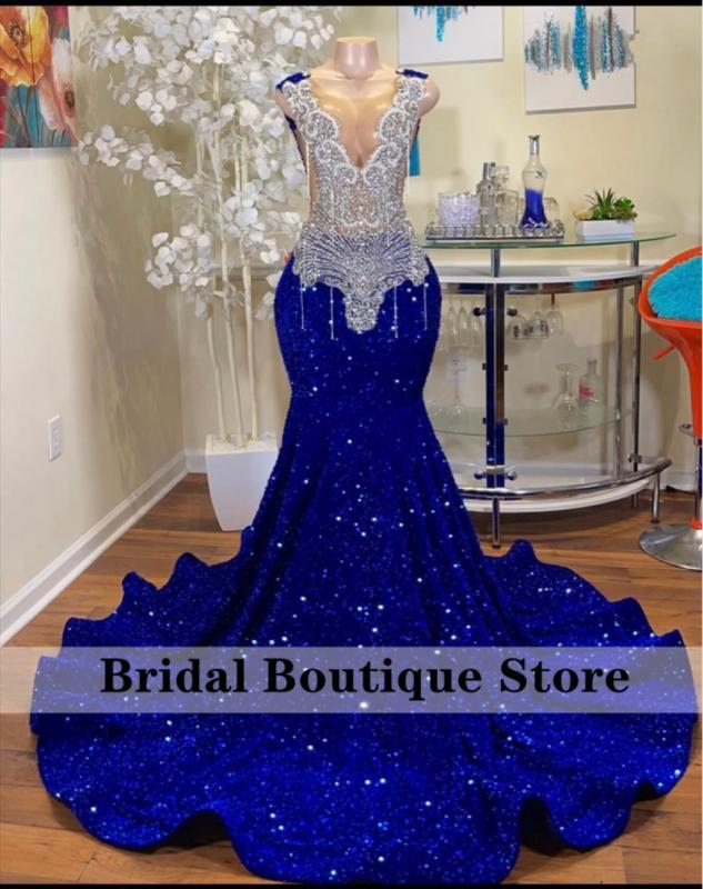 Sparkly Royal Blue Diamonds Mermaid Prom Dress Glitter Sequins Bead Crystal Rhienstones Birthday Party Dress Vestidos De Fiesta