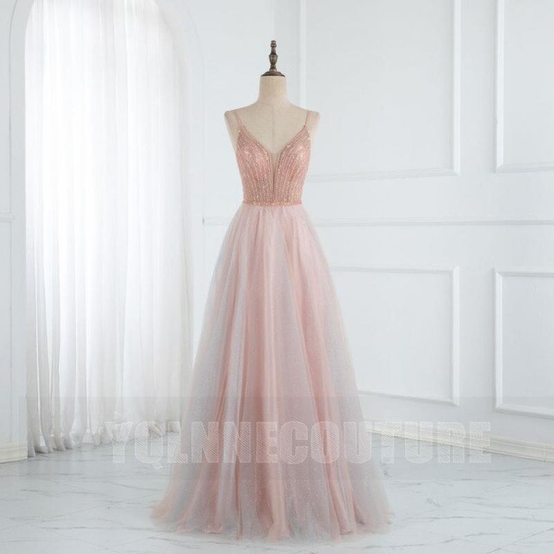 Sweet Pink Long Prom Dresses Beading Spaghetti Glitter Tulle Sequined Backless Party Gown Robe De Soiree