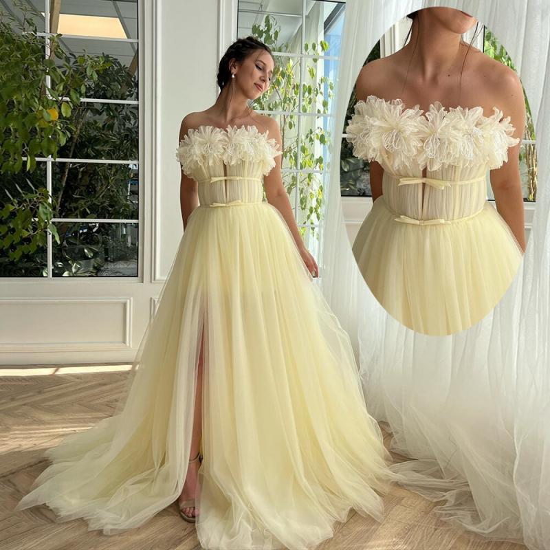 Prom Dresses Strapless A-Line Side Slit Sweep Train 3D Handmade Flower Evening Dress With Pockets Stylish Backless Party Gown
