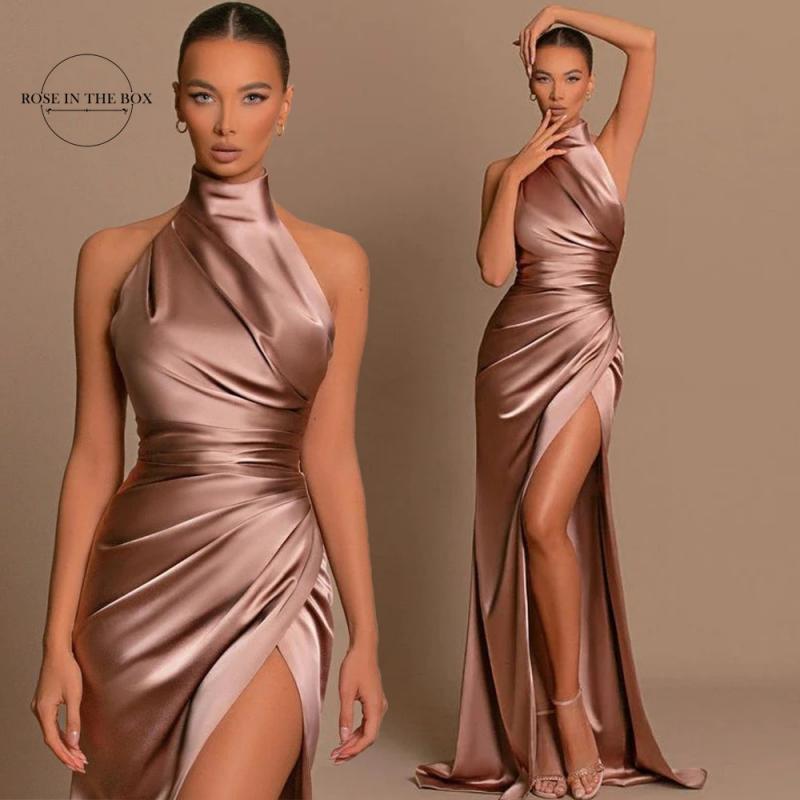 Elegant Long Mermaid Prom Dresses with Slit 2023 African High Neck Pleated Satin Formal Occasion Evening Party Gowns For Women