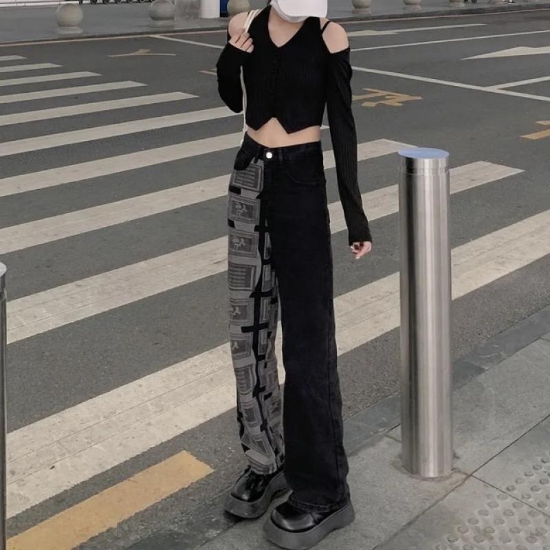 Retro Contrast Color Wide Leg Jeans Women'S Spring New Loose Vibe Stitching Retro Design High Waist Straight Pants Black