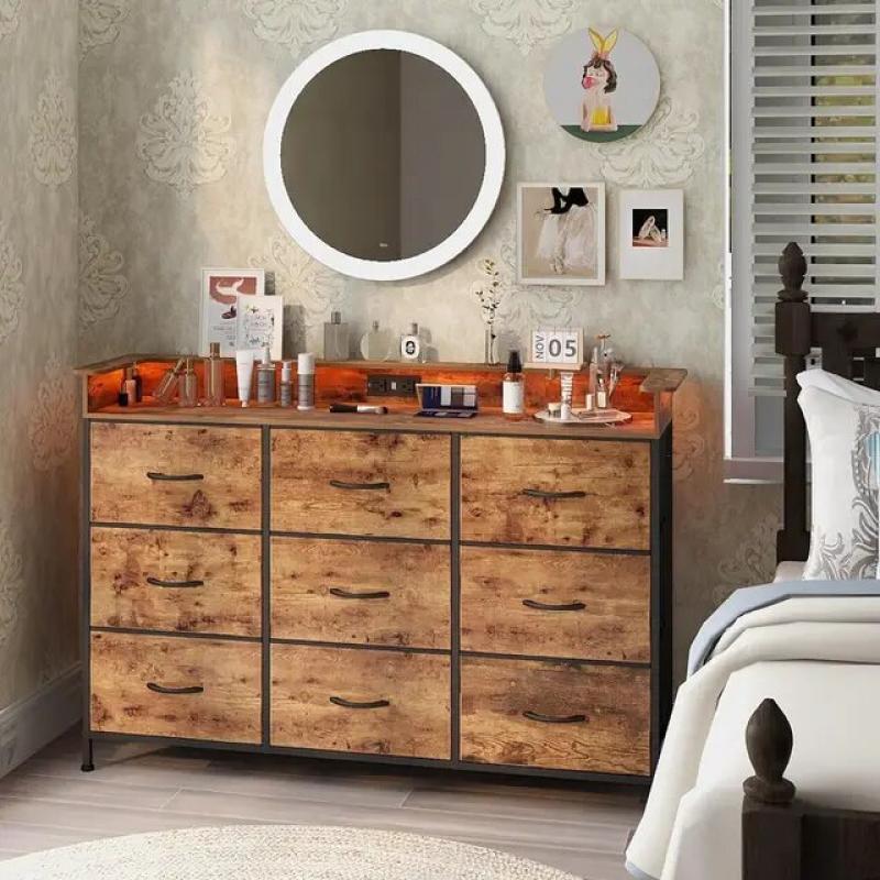 Black Dresser with Charging Station 9 Drawers Dresser Fabric Dresser for Bedroom Hallway Entryway Closets Sturdy