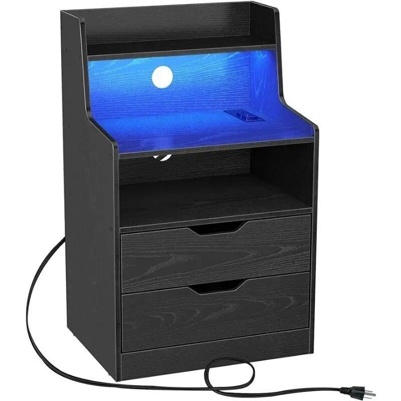 Nightstand with Charging Station and LED Lights, 2 AC and USB Power Outlets, Night Stand with 2 Drawers and Storage Shelves