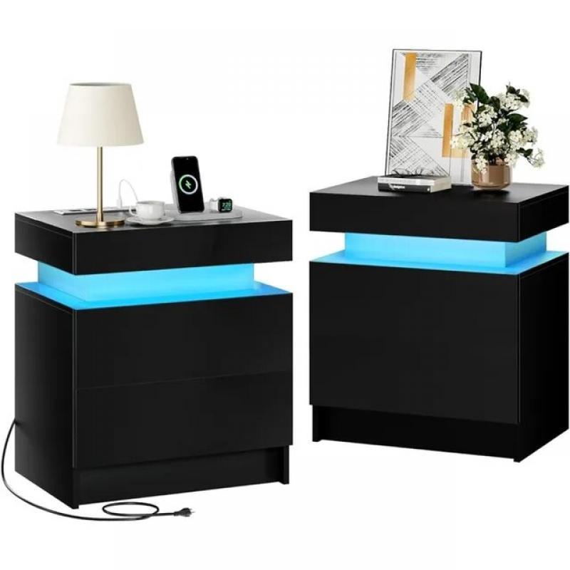 Nightstands Set of 2 Nightstand Bedside Table for Bedroom Furnitures End Table With USB Ports and Outlets Black Drawer Furniture