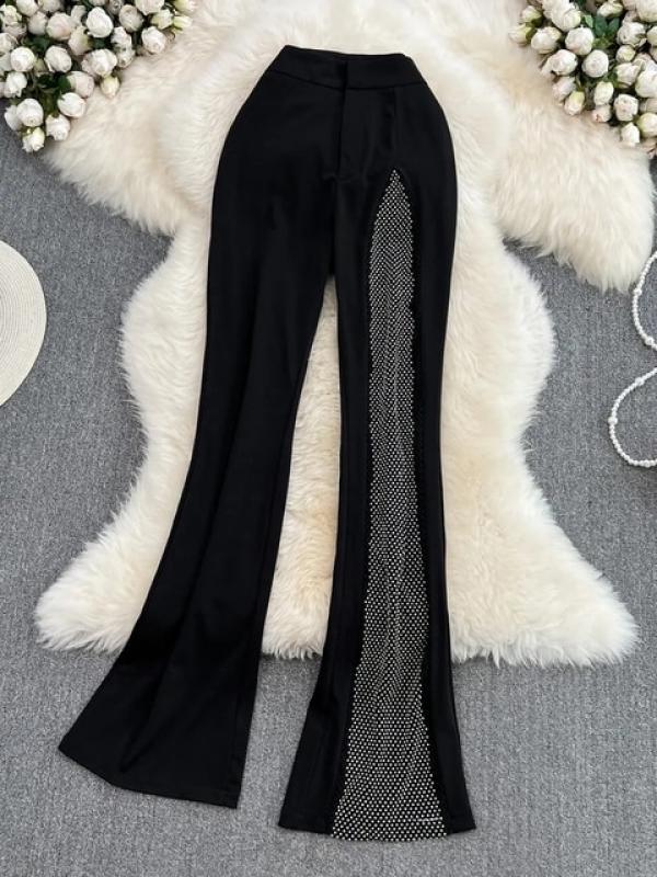 Syiwidii Mesh Spliced Black Pants for Women Summer 2023 High Waisted Slim Chic Flare Pants Fashion Elastic Waisted Casual Pants