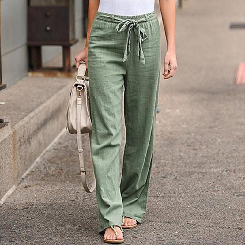 2022 New Women Fashion Linen Cotton Solid Elastic Waist Straight Trousers Female Plus Size Summer Loose Casual  Pants