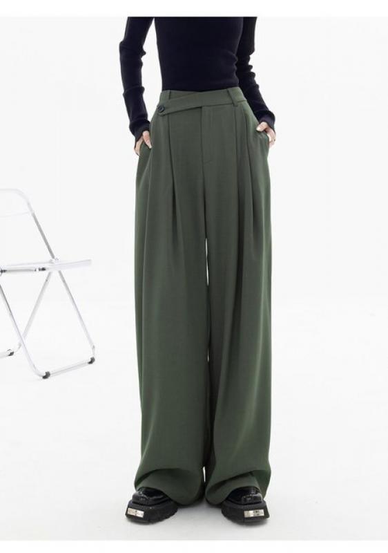 Women's 2022 New High Sense Green Straight Cylinder Sagging Sensation Broad Leg Suit Pants Baggy Temperament Casual Pants Autumn