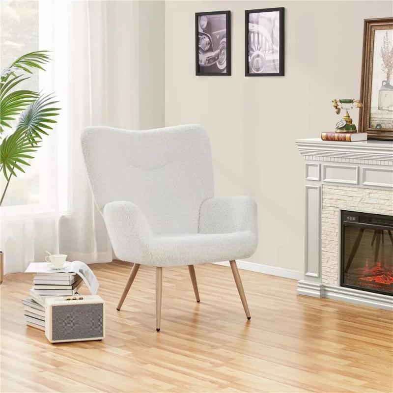Alden Design Mid-Century Modern Wingback Accent Chair, White Boucle Chairs Living Room