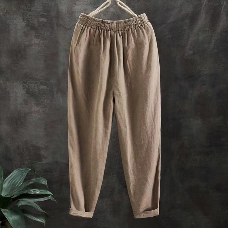 Nine cent cotton and linen trousers for women, large, loose, slim, artistic, retro, solid color linen trousers for women
