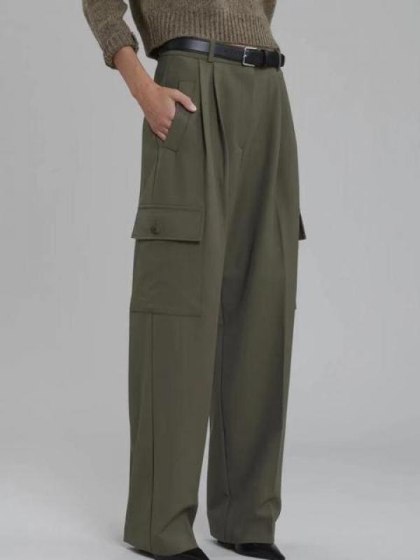 Women Solid Color High Waist Trousers 2022 Autumn Winter New Fashion Ladies All-Match Large Pockets Straight Wide Leg Pants