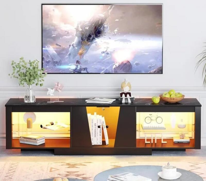 Yusong TV Stand for 65 75 Inch TV, Modern Gaming TV Console Table with Glass Shelves, LED Media Entertainment Center