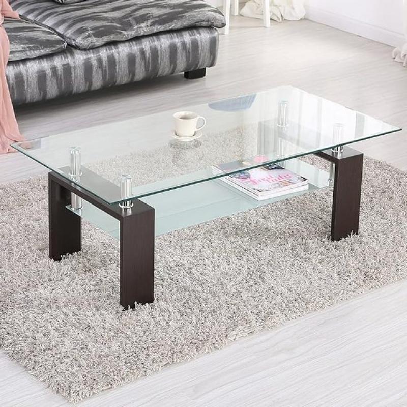 Rectangle Glass Coffee Table-Modern Side Coffee Table with Lower Shelf Black Wooden Legs-Suit for Living Room