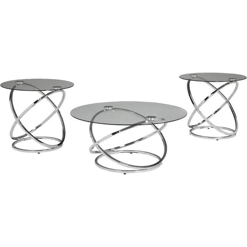 Design by Ashley Hollynyx Contemporary Round 3-Piece Occasional Table Set, Includes Coffee Table and 2 End Tables, Chrome