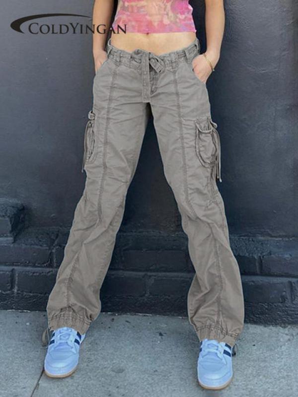 ColdYingan Grey y2k Cargo Pants Tie Up Cute Summer Trousers Baggy Patch Ruched Pockets Sweatpants Women Harajuku Joggers Korean